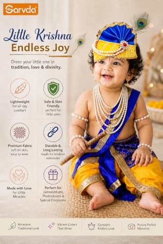 Image of Sarvda Krishna & Radha Dress for Kids - Complete Janmashtami Costume Sets with Dhoti /Lehenga, Mukut, Mor Pankh, Bansuri & Accessories | Fancy Dress for Baby Boys & Girls