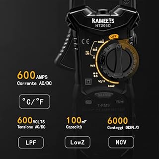 Pinza amperometrica AC/DC 0-600A, KAIWEETS Pinza multimetro professionale T-RMS 6000 conteggi, misure corrente tensione AC/DC Temperatura Capacità Resistenza Diodi Continuità Duty Cycle