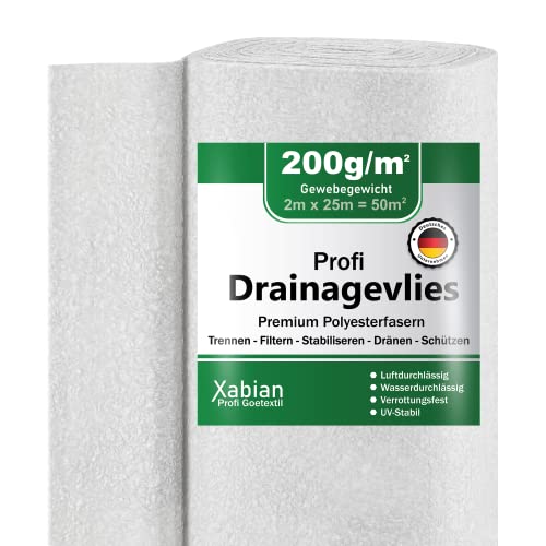 Xabian Drainagevlies 200g/m² 300g/m² 500g/m² Filtervlies 2m x 25m = 50m² - Trennvlies ideal für Drainage - hohe Haltbarkeit - ideal auch als Trennvlies, Poolvlies, Teichvlies