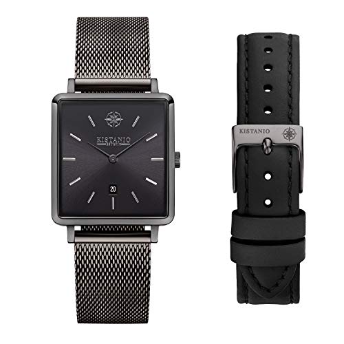 Preisvergleich Produktbild Kistanio Carre Gunmetal Damenuhr Set Milanaiseband + Lederband Schwarz