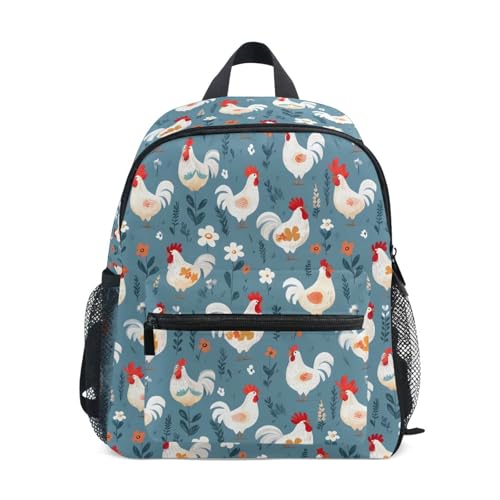 panksolu Cute White Chicken Rooster Toddler Backpack for Boys Girls,Kid Backpack with Chest Clip and Name Tag, S