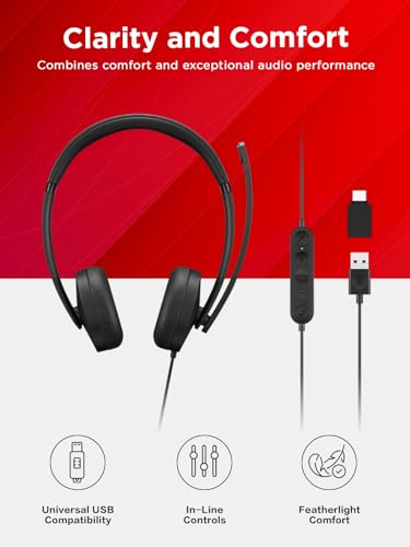 Image of Lenovo 115 USB-A /USB-C Wired Stereo Headset - Lightweight, Noise-Cancelling, in-Line Control Box, USB-A to USB-C Adapter, Over-Ear Design, Headset with Mic for PC and Laptop, Black