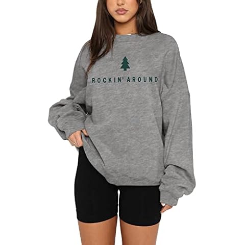 Women Christmas Tree Sweatshirt Rockin Around The Xmas Tree Pullover Sweater Crew Neck Long Sleeve Oversized Tee Top, Grey, Medium Cover