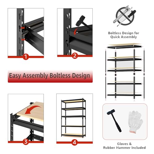 Image of 5-Tier Adjustable Metal Storage Rack, 2000 lbs Capacity, Heavy-Duty Garage Shelving, Black, 28 inchW x 11.8 inchDx 59.8 inchH, Suitable for Kitchen Storage, Basement, Multi-Functional Storage Rack.