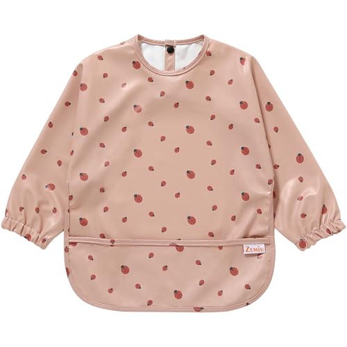 Zemiu Babete de desmame/bebé, 100% impermeável e material macio de PU, lavável na máquina, macacão de manga comprida para todos - adequado para bebés de 6 a 30 meses, ROSA, L
