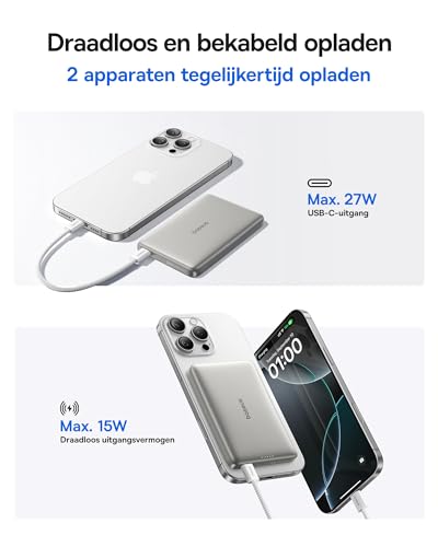 Baseus Picogo AM41 Power Bank, 10.000 mAh Qi2 Magsafe Powerbank, Ultra Slim, 15 W draadloos, PD 27 W snel opladen, magnetische externe batterij voor iPhone 17/16/15/14/13/12, Titanium - Afbeelding 6