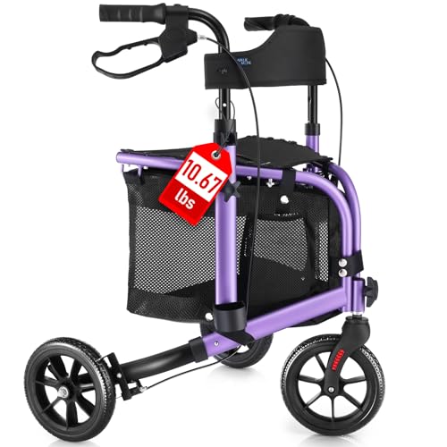 WALK MATE 3 Wheel Rollator Walker with Seat for Slim Seniors, Padded Backrest Lightweight Foldable Walker Ideal for Elderly, 8 Inch Tri-Wheel Modern Mobility Walking Aid Aluminum, Purple