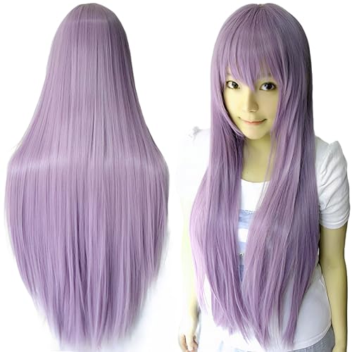 IMISSU 80cm Long Straight Natural Hair Cosplay Wigs with Bangs Colorful Halloween Costume Party Wig for Girl (Purple)
