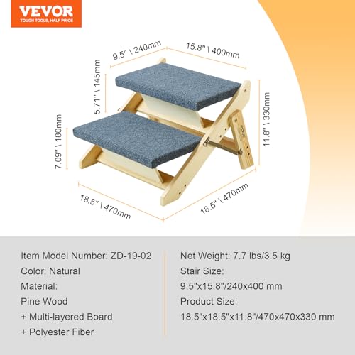 VEVOR Holz-Haustiertreppe/Haustierstufen, 2-in-1 faltbare Hundetreppe aus Holz für Betten, Sofas und Autos, Hundetreppe und Rampe mit 2 Stufen für kleine, mittelgroße und große Haustiere, bis zu 50 kg