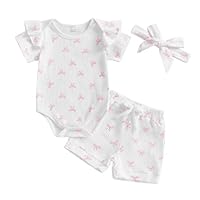 Loalirando Neugeborene Baby Mädchen Sommer Kleidung Set Kurzarm Gerippt Body + Shorts + Stirnband Bekleidungssets für Baby-Mädchen (Hellpink Kleine Schleife Weiß, 0-3 Monate)