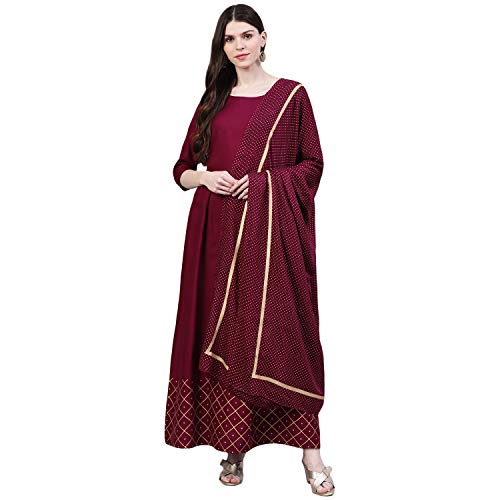 Image of Stylum Women's Checkered Rayon Flared Kurta with Dupatta Set