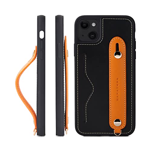 iPhone 14 Plus ケース 本革 グリップケース レザー ストラップ付属 イタリア製牛革 ヌメ革 片手操作 カード収納 スタンド機能 メンズ レディース ブラック/オレンジ CGH-14Plus-Black-OG