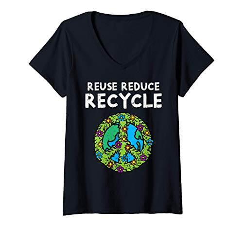 Femme Reuse Reduce Recycle Peace Symbol Sign Flowers Earth Day T-Shirt avec Col en V