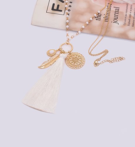 Long Necklaces Bohemia Tassel Leaf Teardrop Disk Circle Pendant Necklace For Women Girls Y Shaped Necklace Sets (White) #TOP2