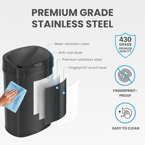 Image of SensorCan 13 Gallon Oval Motion Sensor Kitchen Trash Can with Odor Filter & AC Adapter | Automatic Touchless Garbage Can | Electric Sensor Bin | Stainless Steel Kitchen Garbage Can | Matte Black