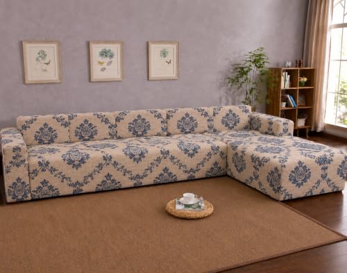Image of Gifts Island Premium 160GSM Super Soft Beige Damask Stretchable Sofa Cover L Shape 7 Seater Fully Covered | Suitable for Both Left and Right Side Chaise Sofa (Beige Damask, 4+3 Seater)