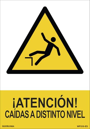 IberNorma WP215-ES Señal de ¡Atención! Caídas a Distinto nivel 21x30cm Cartel de peligro por riesgo de tropezar o caídas a diferente altura ideal para locales y empresas en PVC homologado