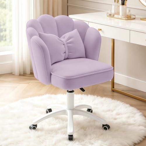 HDHNBA Vanity Chair with Wheels Velvet Petal Desk Chair Upholstered Tufted Home Office Chair for Women Girls Height Adjustable Makeup Task Chair for Bedroom Living Room Purple