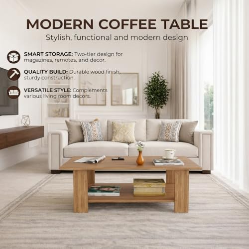 Image of Spyder Craft Modern Coffee Table with Open Storage Shelf - Minimalist Rectangular Center Table for Living Room, Office, and Lounge - Durable Engineered Wood, Easy Assembly (Wood Brown) (Assembly -DIY)