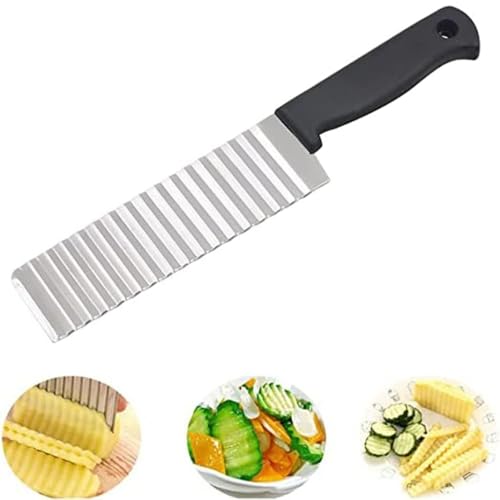 Image of Stainless Steel Potato Cutter Crinkle Chopper - French Fries, Chips, and Vegetable Cutter with Nylon Handle - Wave Cutting Knife for Carrots, Salad, and More (1 Piece)