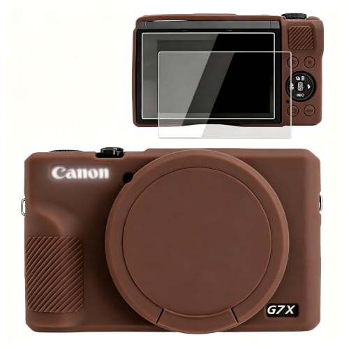 VOVMOEYA Silicone Case for Canon Powershot G7X Mark III, Canon G7X3 G7X III Case with 2 PCS Screen Protector, Full Protection G7X Mark III Accessories with Detachable Lens Cover-Brown