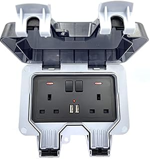 Standard UK Black Weatherproof Waterproof IP66 Outdoor Box Wall Socket 13A Double Switched Outlet with USB Charging Port