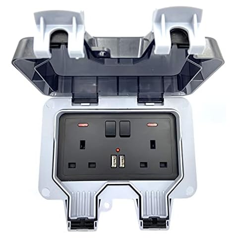 Standard UK Black Weatherproof Waterproof IP66 Outdoor Box Wall Socket 13A Double Switched Outlet with USB Charging Port Cover