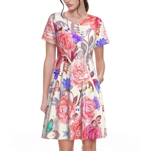 Robe d'été fluide anti-chaleur col rond imprimé fleurs et papillons colorés