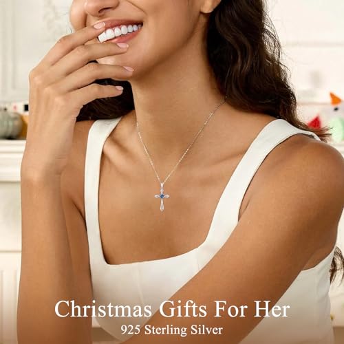 Cross Necklace for Women,925 Sterling Silver Birthstone Necklace with Diamond Faith Religious Birthstone Jewelry Birthday Holiday Gifts for Her/Wife/Mom/Girlfriend2
