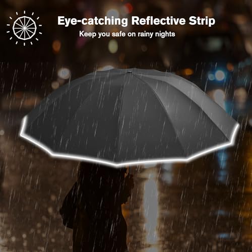 G4Free 42 Inch Eco Windproof Folding Umbrella for Rain & Sun 9 Ribs Wind Resistant Strong Fiberglass Double Canopy with Reflective Strip for Women Men Auto Open Close For Car & Backpack(Black/Interstellar) — view 4
