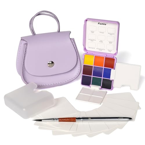 Funto Mini Watercolor Set Travel Kit with 9 Colors, Leather Bag & Watercolor Paper, Portable Drawing & Painting Supplies for Beginners, Art Gift Set