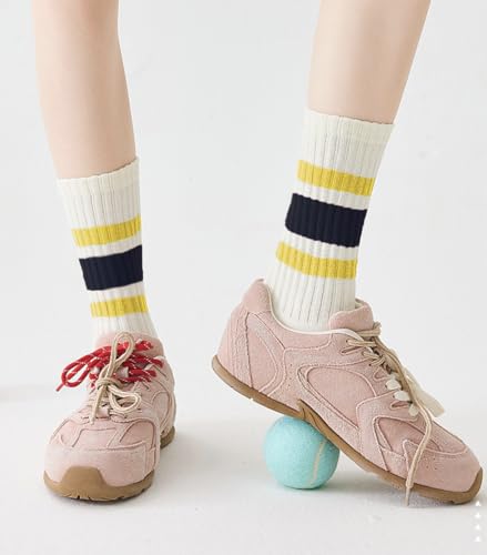 Image of 3 Pairs Women Striped Tube Socks Fun Novelty Cute Crew Socks Retro Sport Mid-Calf Socks for Women Grils