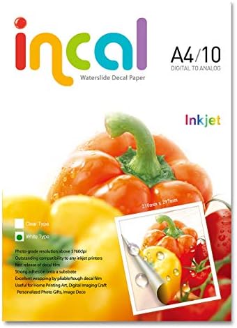 [Incal Paper] Waterslide Decal paper INKJET WHITE A4 10sheets, DIY Photo Printing Craft, Real Photo-grade resolution, Stronger adhesion/fast releasing, Pliable Decal Film (White)