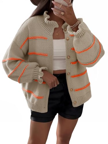 Saodimallsu Womens Striped Cardigan Sweaters Button Up Ruffle Open Front Chunky Knit Loose Fall Sweater Coats
