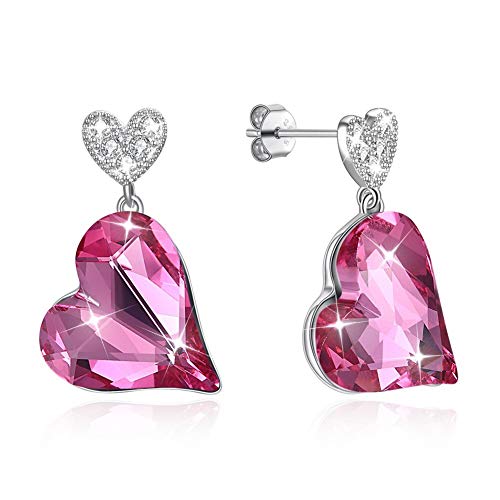 Argent sterling 925 boucles d'oreilles suspendues avec cœur en cristal pur