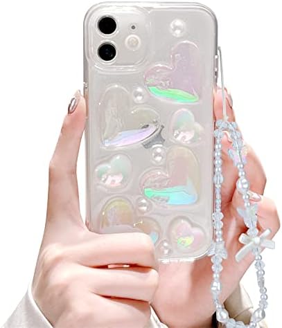 Fycyko Compatible for iPhone 11 Case with 3D Holographic Heart Clear Design Aesthetic Women Teen Girls Glitter Crystal Cute Pearl Girly Phone Cases Protective Cover+Pearl Chain-Clear