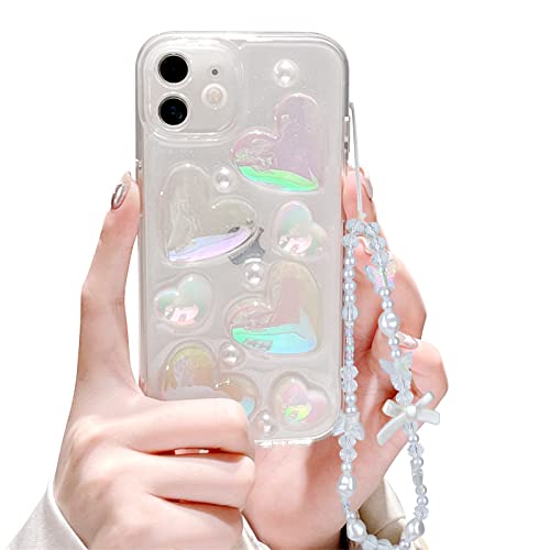 Fycyko Compatible For Iphone 11 Case With 3D Holographic Heart Clear Design Aesthetic Women Teen Girls Glitter Crystal Cute Pearl Girly Phone Cases Protective Cover+Pearl Chain-Clear #TOP21