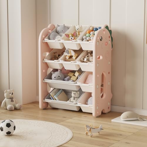 Image of oddpod Dino Kids Toy Organizer Storage Racks with Bins, Cute Cartoon Montessori Plastic Bookshelf for Children & Bedroom Shelf for Baby Hardline Toys, Books, Clothes & Games - Pink (8+2 Bins)