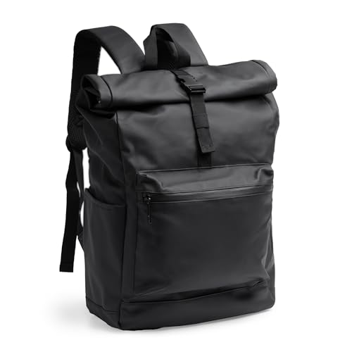 Vida Sol Mochila Multifunción Impermeable 21L de PU para Portátil 18",Diseño Expandible con Corchetes Laterales,Bolsillo Frontal Estanco,Cinta para Trolley,Ideal para Viajes y Trabajo,Negro