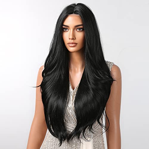 Black Wigs For Black Women Long Body Wave Middle Part Wig With Lace In Forehead Wig Glueless Natural Hairline Synthetic Heat Resistant Wig #TOP3