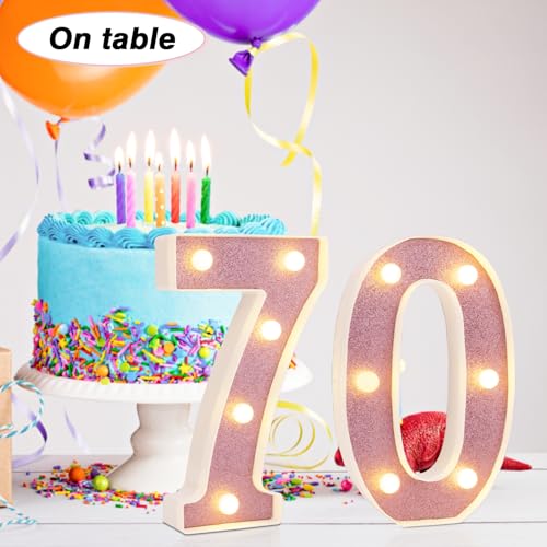 Image of Led Light Up Numbers, 70th Birthday Decorations, Marquee Numbers Lights, Battery Powered Light Up Sign for 30 Decor Party (Pink Glitter)