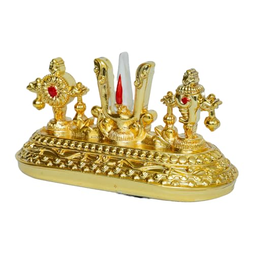 Image of Gold Plated Balaji Symbol of - Shankh, Chakra & Namam | Sacred Vaishnava Symbols for Pooja Room & Devotional Spaces | Vishnu Tilak Idol | Size: 8.5 x 4 x 5.5 cm