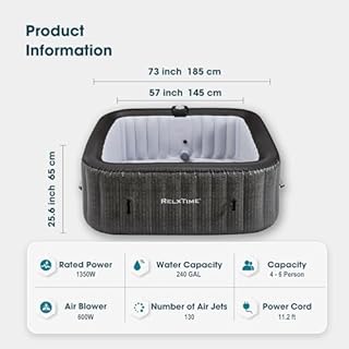 Inflatable Hot Tub Square, 4-6 Person Portable Hottub, Outdoor Spa with 130 Air Jets, Built in Heater Pump, Blow Up Tub for Relaxation, 2 Filters, Black