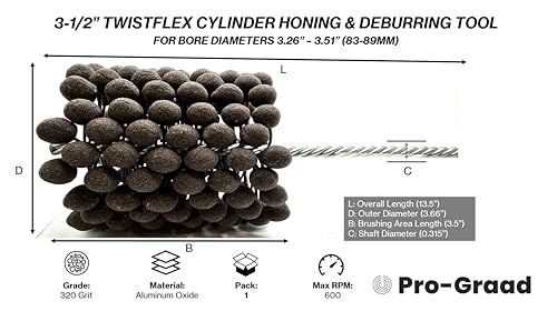 Image of 3-1 /2 inch 320 Aluminum Oxide TwistFlex Cylinder Hone for 3.26 inch- 3.51 inch Bores | Flexible Cylinder Honing, Deburring, Cross-Hatch Finishing Tool for Brake Cylinders, Valve Guides, Hydraulics
