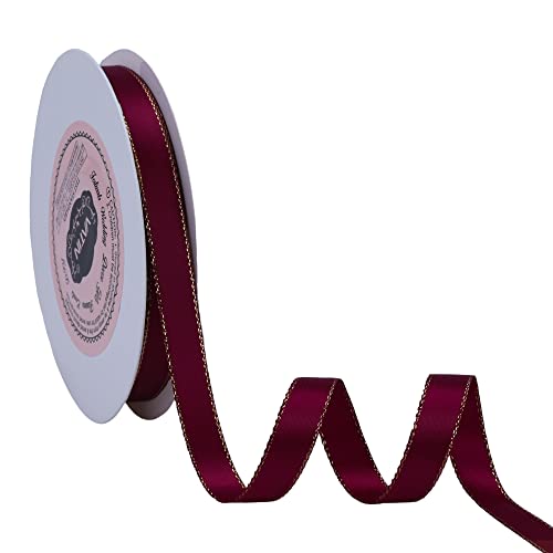 VATIN Double Faced Satin Ribbon 3/8 inch Burgundy/Wine with Gold Edge 50 Yards for Decoration Craft Gift Wrappping Wedding Card Decoration