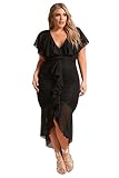 Women's Fashion Plus Size Chiffon Lace Waterfall Ruffle Hi Low Midi Dovetail Dress Black