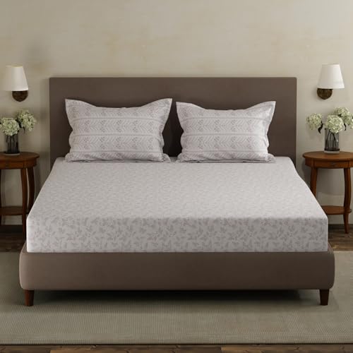 Image of Layers 100% Cotton Double Size Bedsheet Set | White Floral Print | 120 TC Forever Collection | Soft & Breathable | Washable Bedsheet with 2 Pillow Covers | All Season