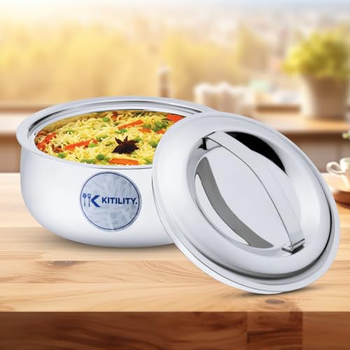 Image of Double Body Silver Stainless Steel Insulated Casserole | Keeps Food Hot & Fresh | Ideal for Home & Travel | 1 Year Warranty | Serving & Storing Roti, Rice, Gravy & Curry (3.5L)