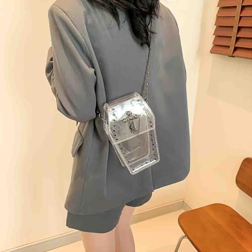 Image of Gothic Rivet Coffin Shape Crossbody Bag, Women's Studded Cross Transparent Shoulder Bag, Novelty Vintage Punk Phone Purse