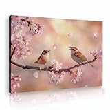 ロマンチックパステル和風キャンバスウォールアートスズメと花キャンバスプリント鳥の花の絵ポスター壁の装飾写真35x52cmインナーフレーム